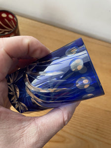 2 Small Cobalt Blue & Cranberry Red Hand Cut To Clear Glass Tumbler Spirit Glass