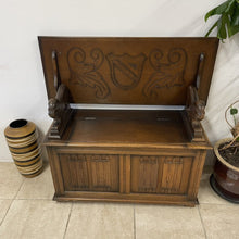 Load image into Gallery viewer, Vintage Oak Monks Bench Chest Table Hall Seat With Lion Carvings