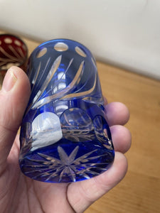 2 Small Cobalt Blue & Cranberry Red Hand Cut To Clear Glass Tumbler Spirit Glass