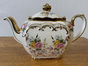 Sadler England Princess Cube Teapot Pink and Yellow Roses with Gold Trim #2657