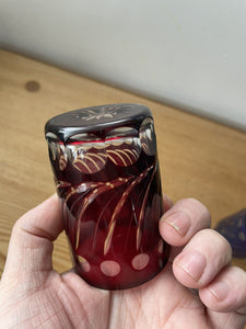 2 Small Cobalt Blue & Cranberry Red Hand Cut To Clear Glass Tumbler Spirit Glass