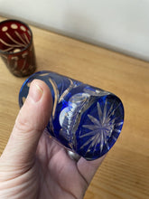 Load image into Gallery viewer, 2 Small Cobalt Blue &amp; Cranberry Red Hand Cut To Clear Glass Tumbler Spirit Glass