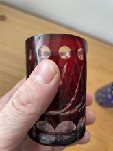 Load image into Gallery viewer, 2 Small Cobalt Blue &amp; Cranberry Red Hand Cut To Clear Glass Tumbler Spirit Glass