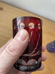 2 Small Cobalt Blue & Cranberry Red Hand Cut To Clear Glass Tumbler Spirit Glass