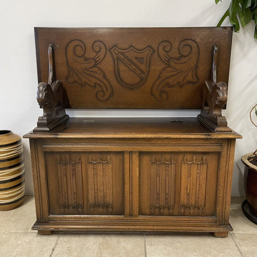 Vintage Oak Monks Bench Chest Table Hall Seat With Lion Carvings