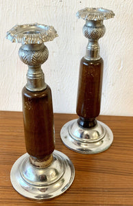 Vintage Metal Wooden Candlesticks Candle Holders Set 8.75” Tall