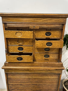 Stunning Antique Edwardian Amberg Oak Filing Cabinet With Roll Top Doors