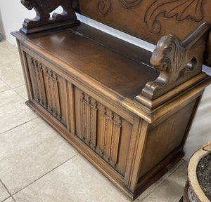 Vintage Oak Monks Bench Chest Table Hall Seat With Lion Carvings