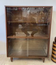 Load image into Gallery viewer, Small Mid Century Dark Stained Teak Glazed Bookcase Display Cabinet