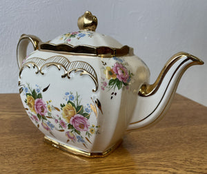 Sadler England Princess Cube Teapot Pink and Yellow Roses with Gold Trim #2657