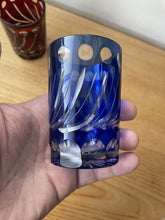 Load image into Gallery viewer, 2 Small Cobalt Blue &amp; Cranberry Red Hand Cut To Clear Glass Tumbler Spirit Glass