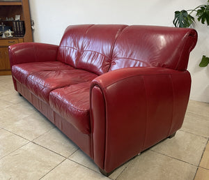 Modern Art Deco 1930s French Club Cigar Style Red Leather Sofa Settee