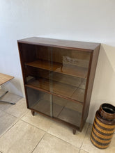 Load image into Gallery viewer, Small Mid Century Dark Stained Teak Glazed Bookcase Display Cabinet