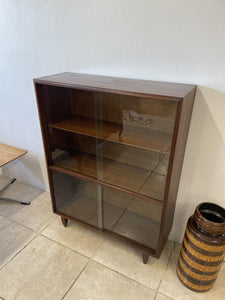 Small Mid Century Dark Stained Teak Glazed Bookcase Display Cabinet