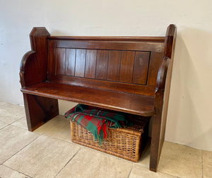 Small Antique Victorian/Edwardian Pitch Pine Church Pew With Enamel Numbers 