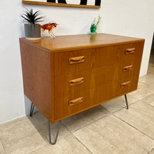 Load image into Gallery viewer, Vintage Mid Century G Plan Fresco Chest Of 3 Drawers On Steel Hairpin Legs.