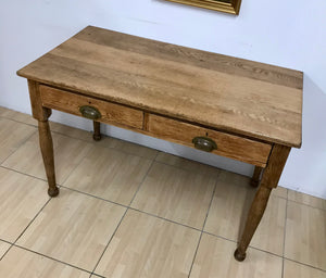 Rustic Antique Farmhouse Solid Oak Plank Top Kitchen Table Desk With Drawers.