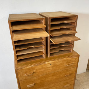 Pair Of Vintage Industrial Solid Pine Filing Letters Paper Trays Shelves.