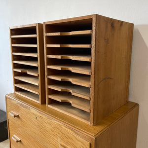 Pair Of Vintage Industrial Solid Pine Filing Letters Paper Trays Shelves.