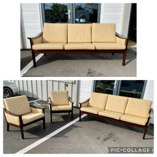 Load image into Gallery viewer, Vintage Mid Century Danish Three Piece Suite In Mahogany Natural Oatmeal Sofa Armchairs.