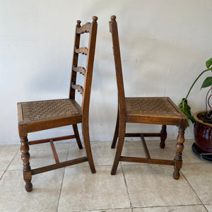 Pair Of Antique Arts And Crafts Oak Ladder Back Dining Chairs With Rush Seats.