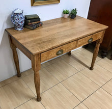 Load image into Gallery viewer, Rustic Antique Farmhouse Solid Oak Plank Top Kitchen Table Desk With Drawers.