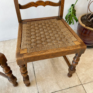 Pair Of Antique Arts And Crafts Oak Ladder Back Dining Chairs With Rush Seats.