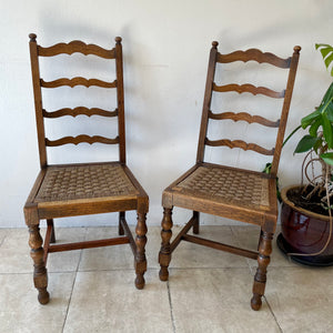 Pair Of Antique Arts And Crafts Oak Ladder Back Dining Chairs With Rush Seats.