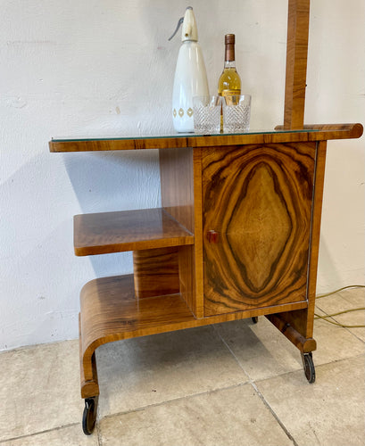 Unusual Antique Art Deco Walnut Drinks Cocktail Trolley With Adjustable Lamp.