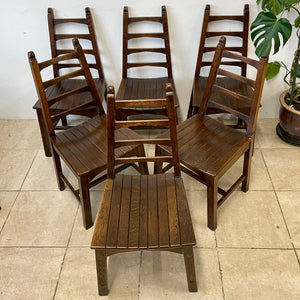 Set Of 6x Solid Oak Rustic Arts And Crafts Style Solid Oak Dining Chairs