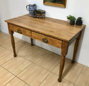 Rustic Antique Farmhouse Solid Oak Plank Top Kitchen Table Desk With Drawers.