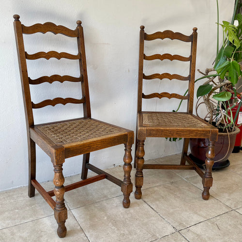 Pair Of Antique Arts And Crafts Oak Ladder Back Dining Chairs With Rush Seats.