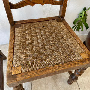 Pair Of Antique Arts And Crafts Oak Ladder Back Dining Chairs With Rush Seats.