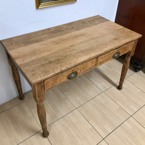 Rustic Antique Farmhouse Solid Oak Plank Top Kitchen Table Desk With Drawers.