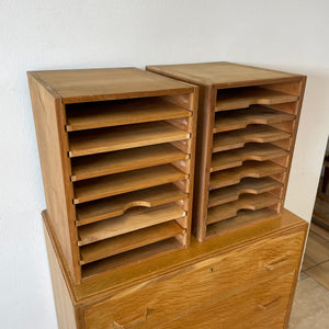 Pair Of Vintage Industrial Solid Pine Filing Letters Paper Trays Shelves.