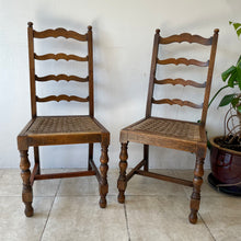 Load image into Gallery viewer, Pair Of Antique Arts And Crafts Oak Ladder Back Dining Chairs With Rush Seats.