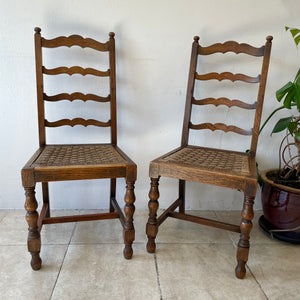 Pair Of Antique Arts And Crafts Oak Ladder Back Dining Chairs With Rush Seats.