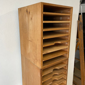 Pair Of Vintage Industrial Solid Pine Filing Letters Paper Trays Shelves.