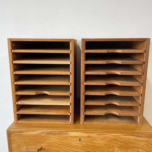 Pair Of Vintage Industrial Solid Pine Filing Letters Paper Trays Shelves.