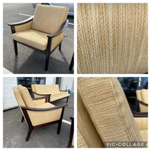 Load image into Gallery viewer, Vintage Mid Century Danish Three Piece Suite In Mahogany Natural Oatmeal Sofa Armchairs.