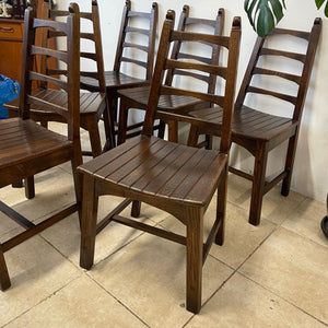 Set Of 6x Solid Oak Rustic Arts And Crafts Style Solid Oak Dining Chairs