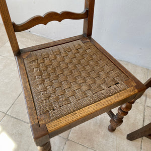 Pair Of Antique Arts And Crafts Oak Ladder Back Dining Chairs With Rush Seats.