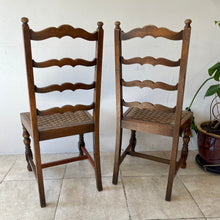 Load image into Gallery viewer, Pair Of Antique Arts And Crafts Oak Ladder Back Dining Chairs With Rush Seats.