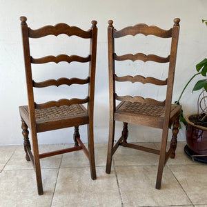 Pair Of Antique Arts And Crafts Oak Ladder Back Dining Chairs With Rush Seats.