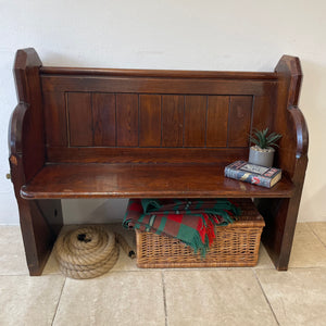 Small Antique Victorian/Edwardian Pitch Pine Church Pew With Enamel Numbers 