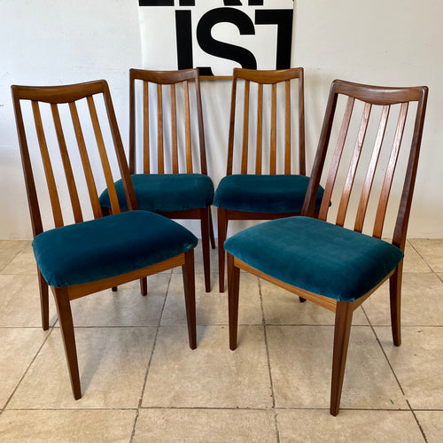 Set Of 4x Vintage G Plan Fresco Teak Dining Chairs With Teal Velvet Cushions.