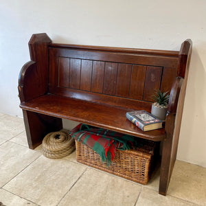 Small Antique Victorian/Edwardian Pitch Pine Church Pew With Enamel Numbers 