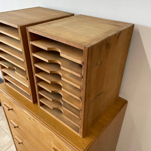 Pair Of Vintage Industrial Solid Pine Filing Letters Paper Trays Shelves.