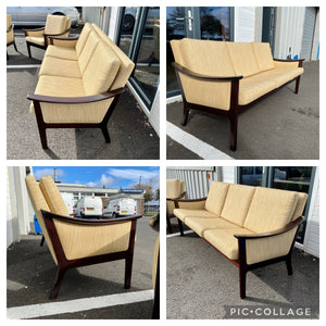 Vintage Mid Century Danish Three Piece Suite In Mahogany Natural Oatmeal Sofa Armchairs.