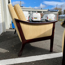 Load image into Gallery viewer, Vintage Mid Century Danish Three Piece Suite In Mahogany Natural Oatmeal Sofa Armchairs.